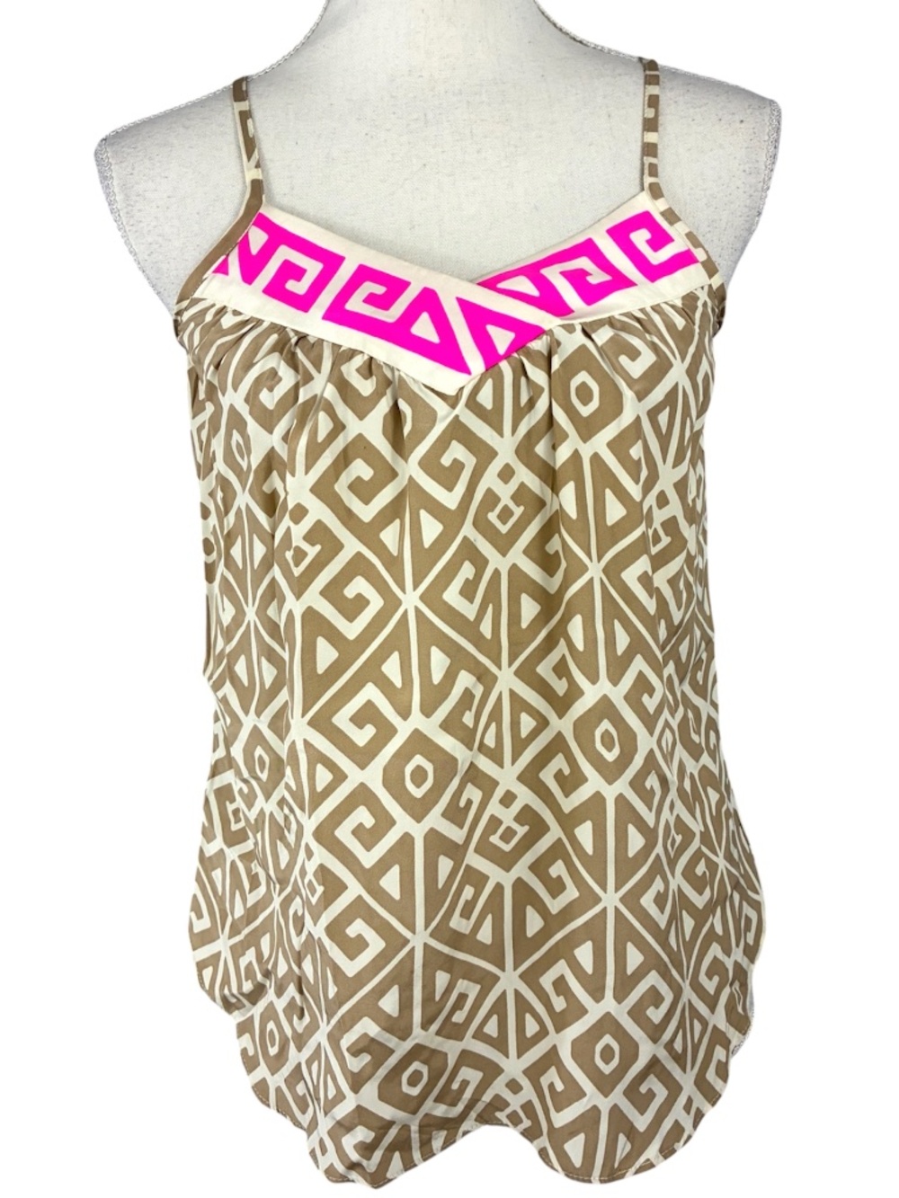 100% Silk Tribal Cami XS Tank Top Taupe White Pink Spaghetti Aztec Greek Key